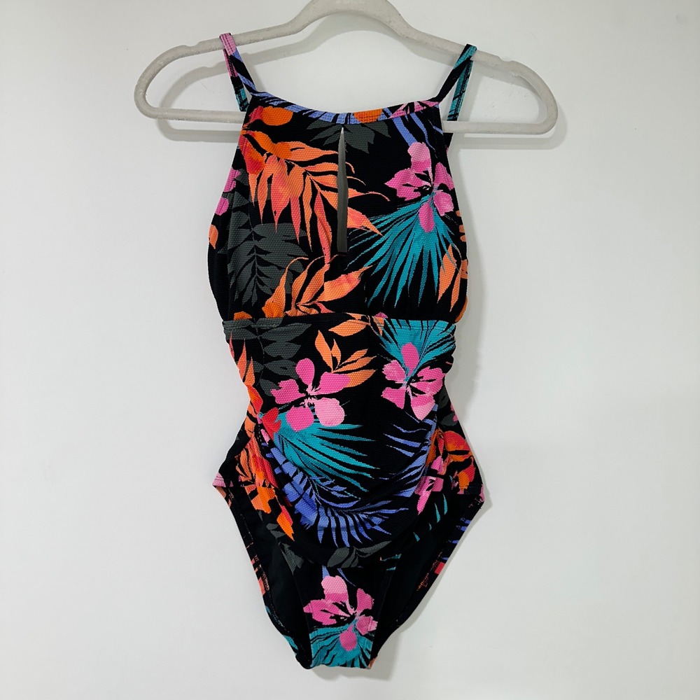 Jessica Simpson Tropical Floral One Piece Swimsuit Womens Medium Black Keyhole